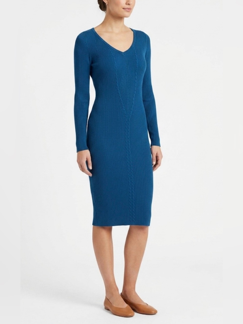 Moda International Blue Ribbed Knit Long Sleeve Midi Dress - Size XS